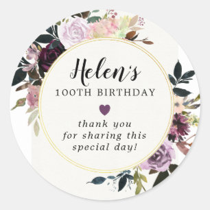 Paarse Mauve Pink Floral 100th Birthday Hartelijk Ronde Sticker