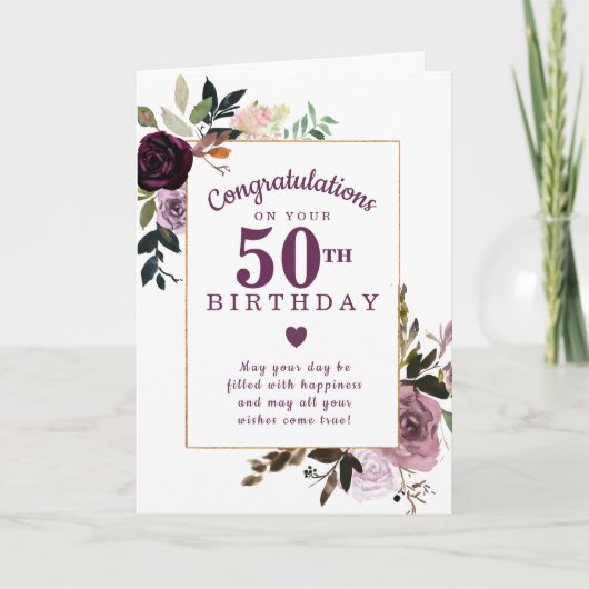 Paarse Mauve Pink Floral 50th Birthday Kaart (Voorkant)