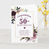 Paarse Mauve Pink Floral 50th Birthday Kaart (Gele Bloem)