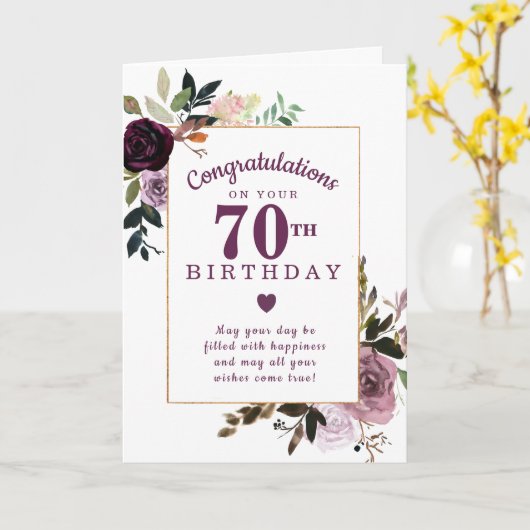 Paarse Mauve Pink Floral 70e verjaardag Kaart (Gele Bloem)