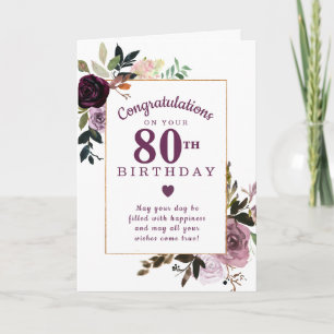 Paarse Mauve Pink Floral 80th Birthday Kaart
