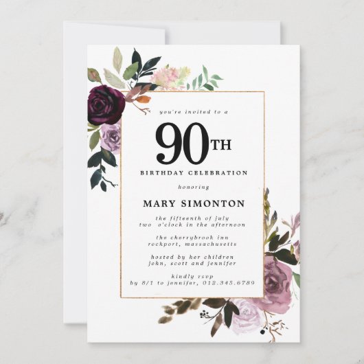 Paarse Mauve Pink Floral 90e verjaardag Kaart (Voorkant)