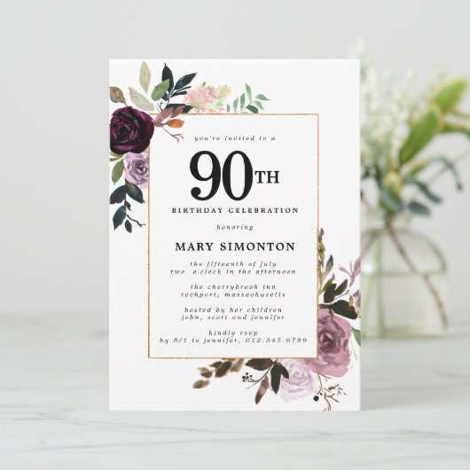 Paarse Mauve Pink Floral 90e verjaardag Kaart (Staand voorkant)