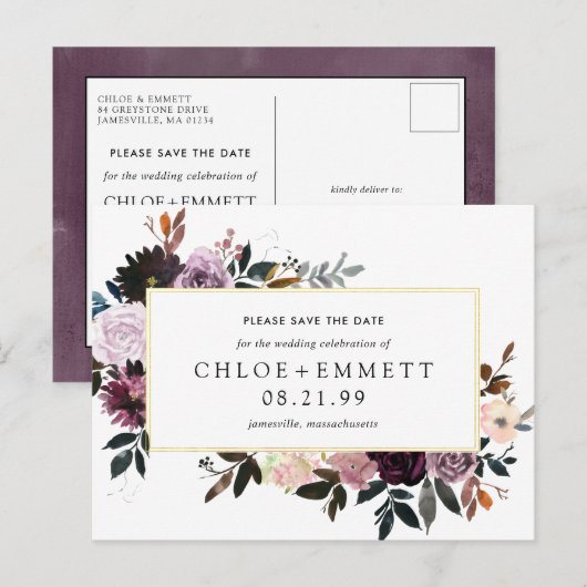 Paarse Mauve Pink Floral Save the Date Briefkaart (Voorkant / Achterkant)