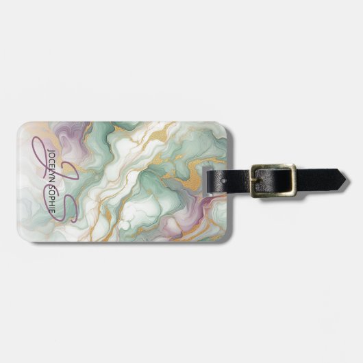Paarse Mauve Roze Groen Goud Marmeren Kunstpatroon Bagagelabel (Voorkant horizontaal)