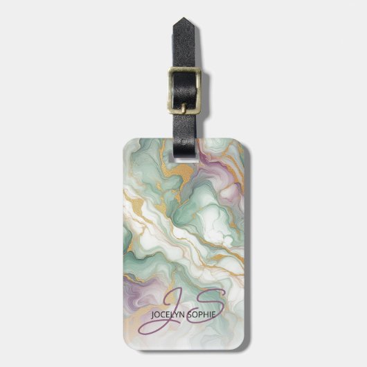 Paarse Mauve Roze Groen Goud Marmeren Kunstpatroon Bagagelabel (Voorkant verticaal)