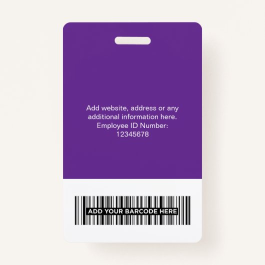 Paarse medewerker - foto, barcode, grote Logo, naa Badge (Achterkant)