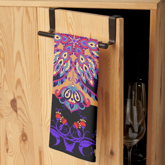 Paarse Mehndi bloemkunstwerk, Violet Natuur Theedoek (Derde Gevouwen)