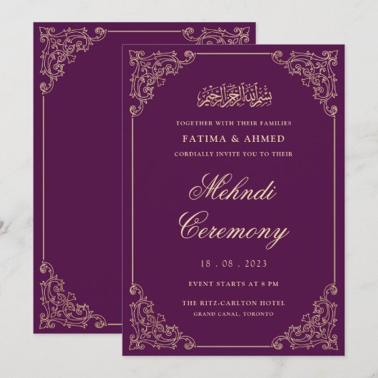 Paarse Mehndi Henna Islamitische Moslim Bruiloft Kaart (Voorkant / Achterkant)