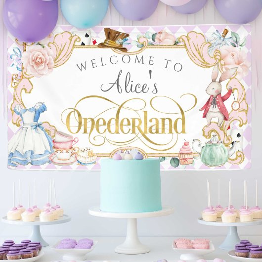paarse meisje 1e verjaardag, Alice Onederland bann Spandoek