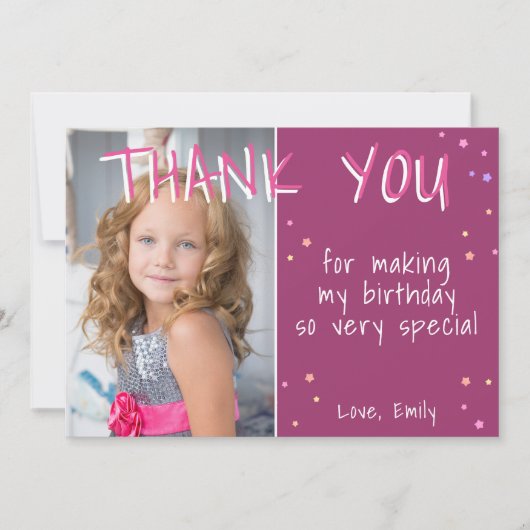 Paarse Meisje Sterren Verjaardag Dank u Fotokaart Bedankkaart (Voorkant)