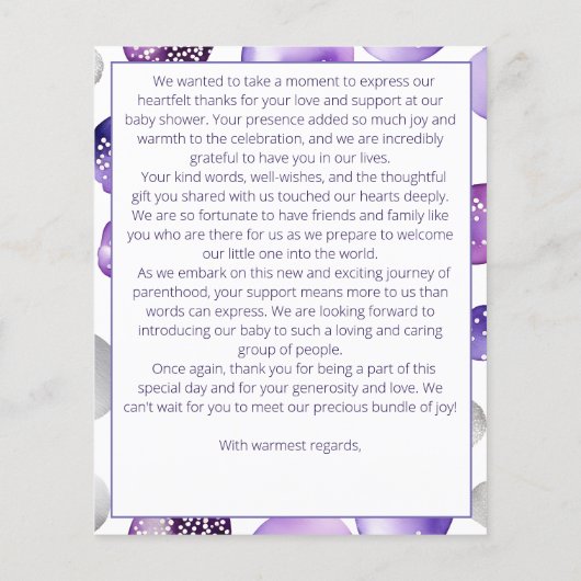 Paarse meisje Teddy Bear baby shower dank u kaart (Achterkant)