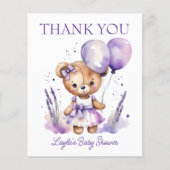 Paarse meisje Teddy Bear baby shower dank u kaart (Voorkant)