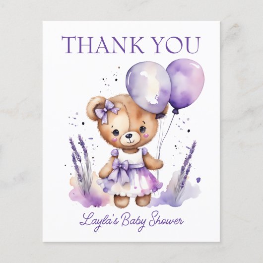 Paarse meisje Teddy Bear baby shower dank u kaart (Voorkant)