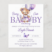 Paarse meisje teddy beer baby shower uitnodiging (Voorkant)