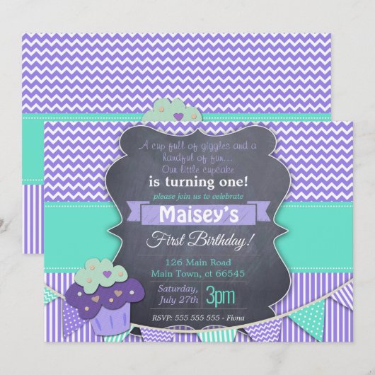 Paarse meisjes Cupcake Blackboard 1ste verjaardag Kaart (Voorkant / Achterkant)