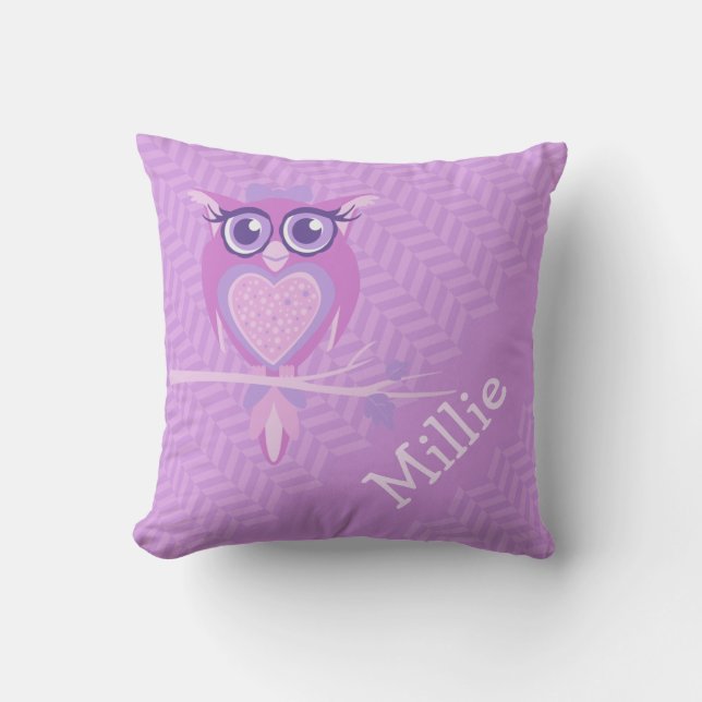 Paarse meisjes genaamd owl chevron kussenkussen kussen (Voorkant)