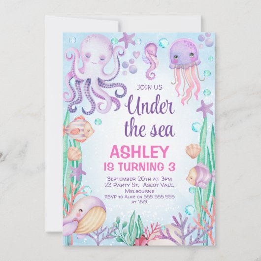 Paarse meisjes onder het Zee Octopus Birthday Kaart (Voorkant)