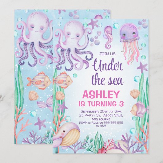 Paarse meisjes onder het Zee Octopus Birthday Kaart (Voorkant / Achterkant)