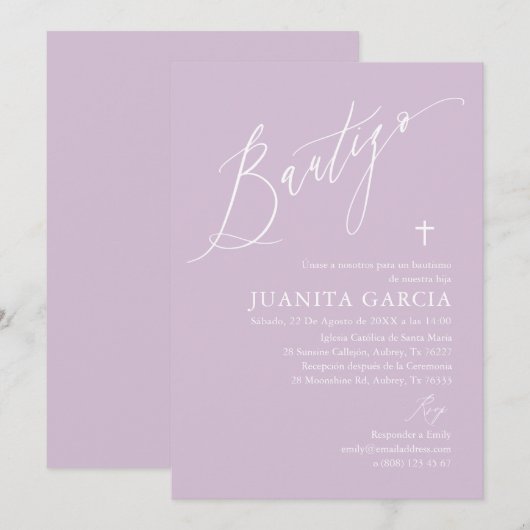 Paarse meisjesdoopuitnodiging kaart (Voorkant / Achterkant)