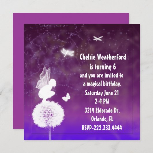 Paarse-meisjesfeeëndag uitnodiging (Voorkant / Achterkant)