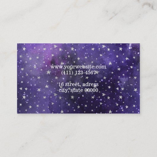 Paarse melkweg en sterren met penseelstreek visitekaartje (Achterkant)