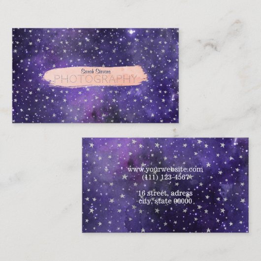Paarse melkweg en sterren met penseelstreek visitekaartje (Voorkant / Achterkant)