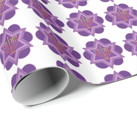 Paarse Menorah op witte achtergrond Verpakkingspap Cadeaupapier (Rol Hoek)