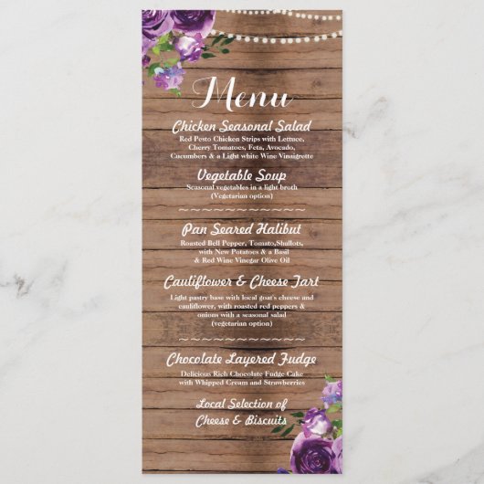 Paarse Menu Huwelijksreceptie Houten Bloemen (Voorkant)