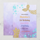 Paarse Mermaid Fantasy Verjaardagsuitnodiging Kaart (Voorkant / Achterkant)