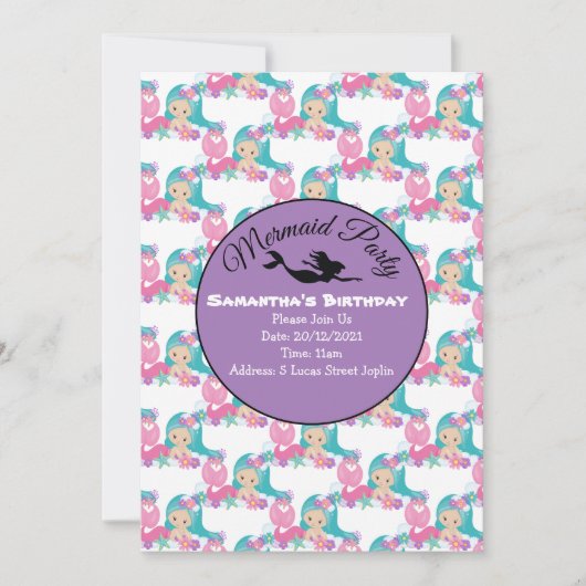 Paarse Mermaid Party - Roze uitnodiging (Voorkant)