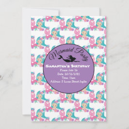 Paarse Mermaid Party - Roze uitnodiging