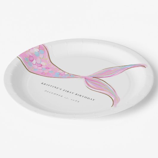 Paarse Mermaid Tail Verjaardagspapier Borden Papieren Bordje (Gekanteld)