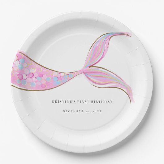 Paarse Mermaid Tail Verjaardagspapier Borden Papieren Bordje (Voorkant)