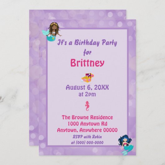 Paarse Mermaid Theme Bokeh Achtergrond Kaart (Voorkant / Achterkant)