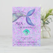 Paarse Mermaid Theme Meisje Verjaardagsuitnodiging Kaart (Staand voorkant)