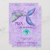 Paarse Mermaid Theme Meisje Verjaardagsuitnodiging Kaart (Voorkant / Achterkant)