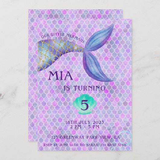 Paarse Mermaid Theme Meisje Verjaardagsuitnodiging Kaart (Voorkant / Achterkant)
