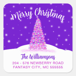 Paarse Merry Christmas Tree retour adreslabel Vierkante Sticker