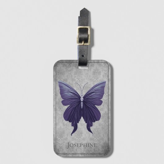 Paarse met juwelen versierde vlinder bagagelabel (Voorkant (verticaal))
