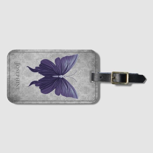 Paarse met juwelen versierde vlinder bagagelabel (Voorkant (horizontaal))