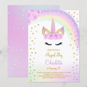 Paarse met regenboog eenhoorn uitnodigen kaart