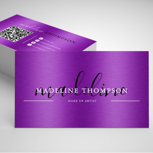 Paarse Metallic Brush Steel Script QR-code Visitekaartje