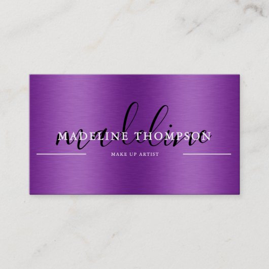 Paarse Metallic Brush Steel Script QR-code Visitekaartje (Voorkant)