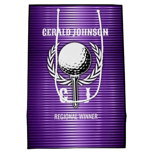 Paarse Metallic Lines Golf Monogram Ontwerp Medium Cadeauzakje (Achterkant)