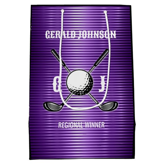 Paarse Metallic Lines Golf Monogram Ontwerp Medium Cadeauzakje (Achterkant)