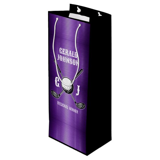 Paarse Metallic Lines Golf Monogram Ontwerp Wijn Cadeautas (Achterkant Gekanteld)