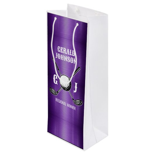 Paarse Metallic Lines Golf Monogram Ontwerp Wijn Cadeautas (Achterkant Gekanteld)