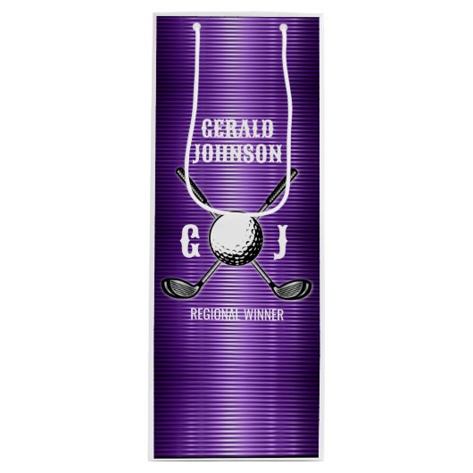 Paarse Metallic Lines Golf Monogram Ontwerp Wijn Cadeautas (Voorkant)