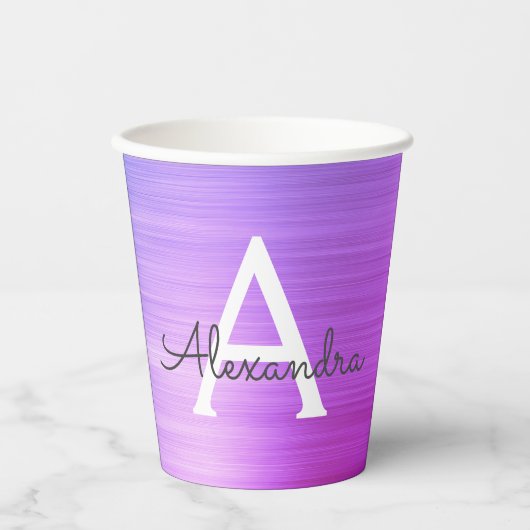 Paarse Metallic Stijlvolle Monogram Papieren Kopje Papieren Bekers (Voorkant)